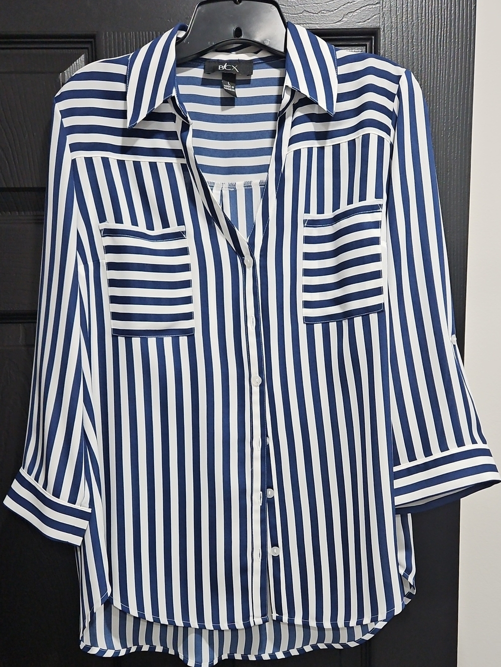 BCX Blue and White Vertical Striped Button-Down Blouse